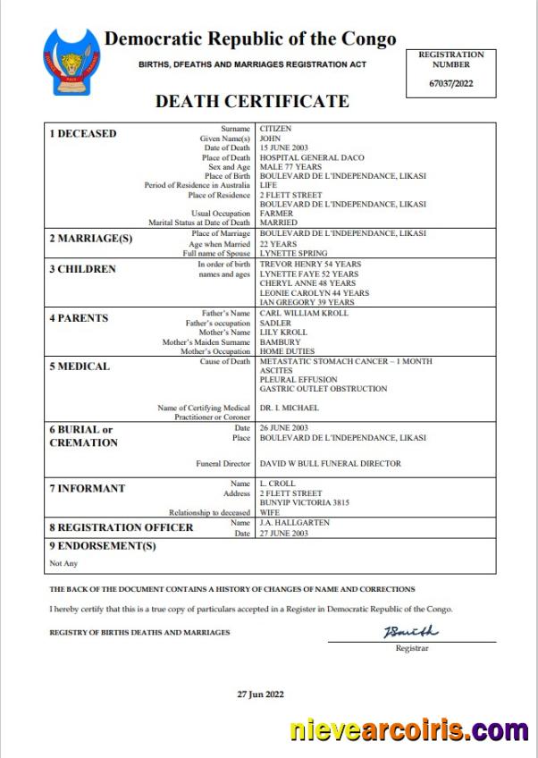 Democratic Republic of the Congo vital record death certificate